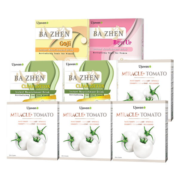 【Bundle of 8】Ujuwon Miracle+ Tomato Skin Booster 8s x 4 Boxes + B.ust Up Instant Nourishment Drink 8s + Clean Detox Instant Nourishment Drink 8s x 2 Boxes+ Goji Instant Nourishment Drink 8s + Free Garcinia Complex 30s