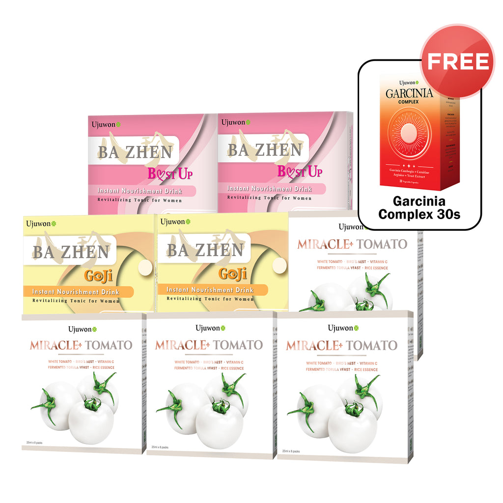 【Bundle Of 8】Ujuwon Miracle+ Tomato Skin Booster 8s x4 + Ba Zhen B.ust Up Instant Nourishment Drink 8s x2 + Ba Zhen Goji Instant Nourishment Drink 8s x2 + Free Garcinia Complex 30s